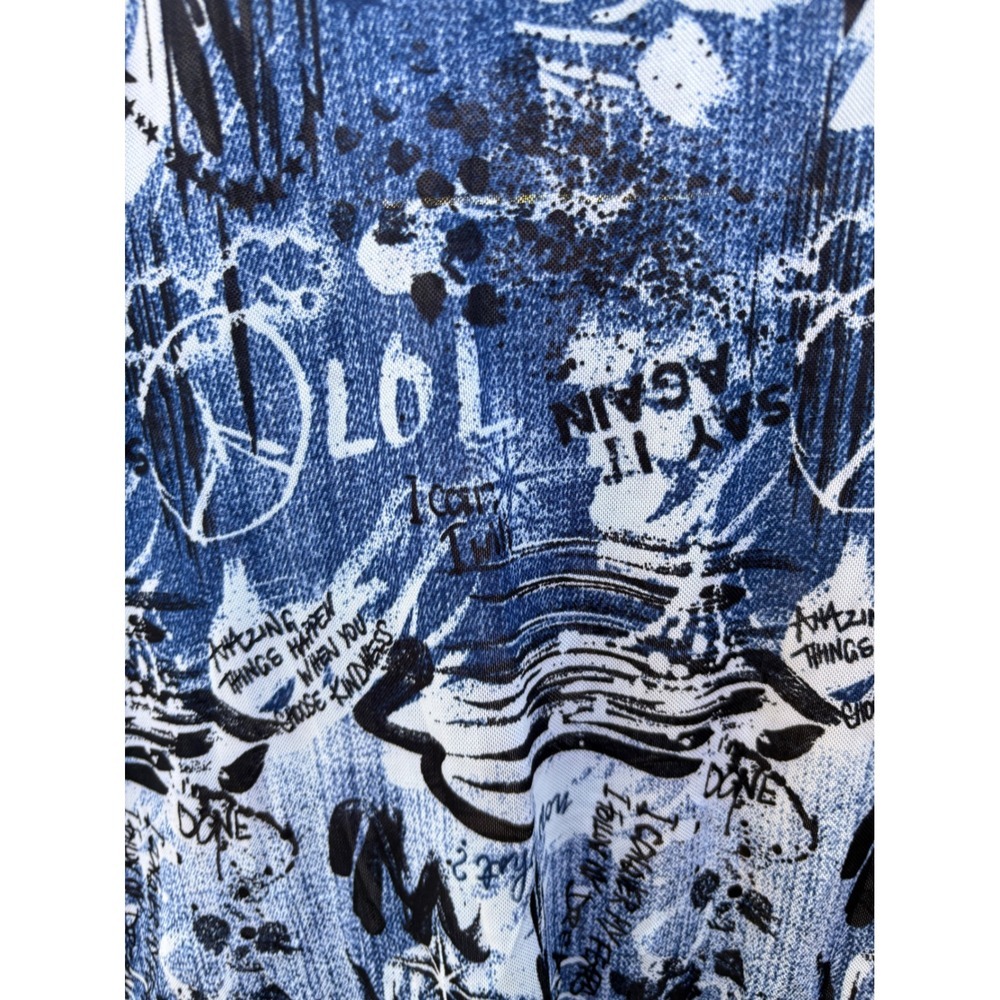 Jolie & Joy Womens 2X Blue Denim Print Graffiti Mesh Mock Neck Long Bodysuit NEW - Picture 3 of 6